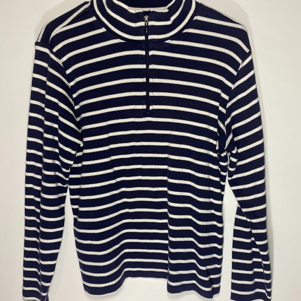 L.L. Bean Navy and White Striped Quarterzip Pullover Sweater
